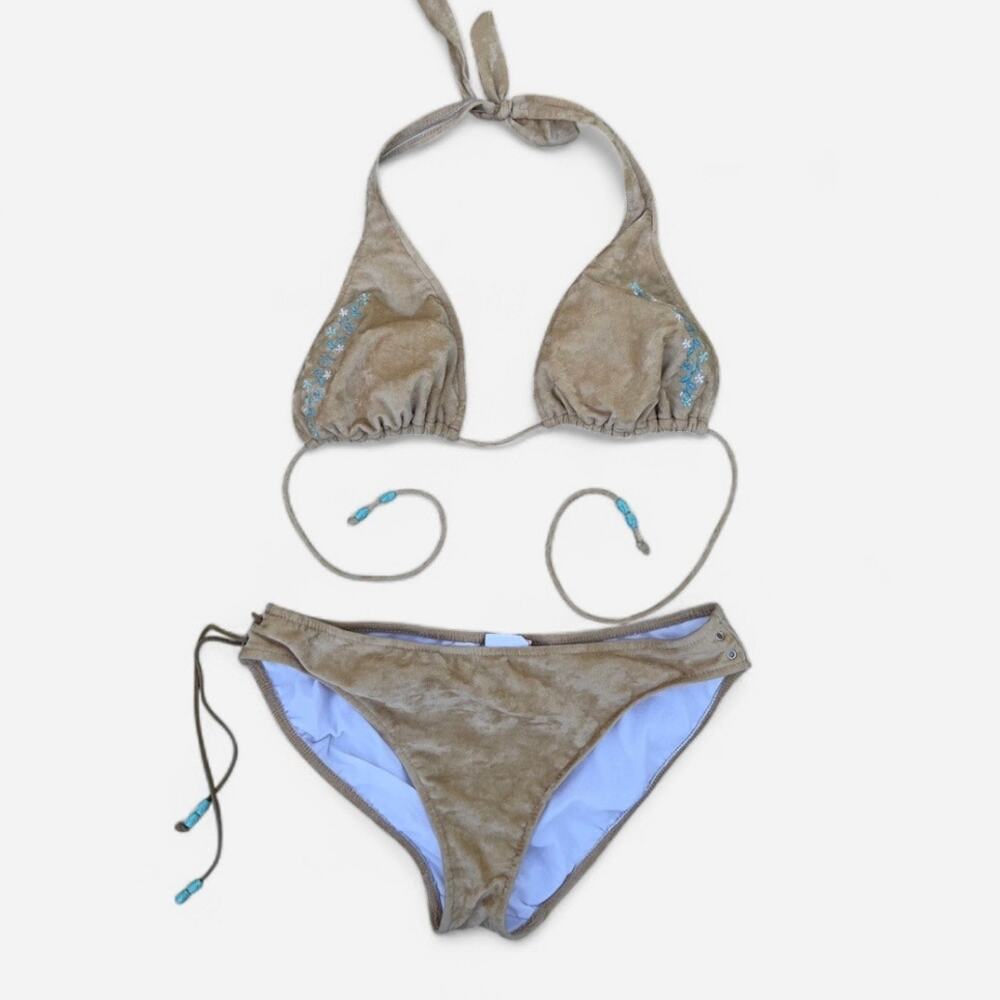 Mystic Bay Vintage Y2K Faux Suede Tan Turquoise Floral Bikini Set